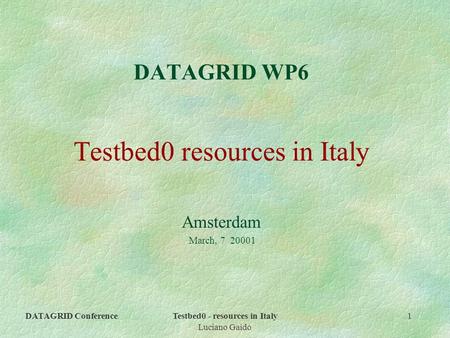 DATAGRID ConferenceTestbed0 - resources in Italy Luciano Gaido 1 DATAGRID WP6 Testbed0 resources in Italy Amsterdam March, 7 20001.