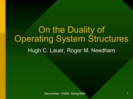 Dave Archer - CS533 - Spring 2006 1 On the Duality of Operating System Structures Hugh C. Lauer, Roger M. Needham.