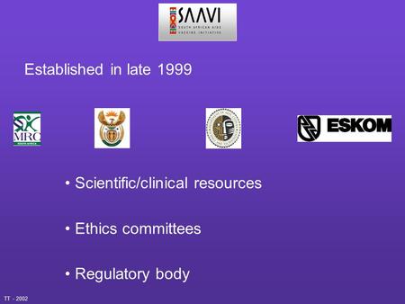 Established in late 1999 Scientific/clinical resources Ethics committees Regulatory body TT - 2002.