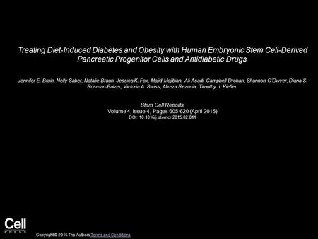Treating Diet-Induced Diabetes and Obesity with Human Embryonic Stem Cell-Derived Pancreatic Progenitor Cells and Antidiabetic Drugs Jennifer E. Bruin,