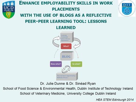 E NHANCE EMPLOYABILITY SKILLS IN WORK PLACEMENTS WITH THE USE OF BLOGS AS A REFLECTIVE PEER - PEER LEARNING TOOL : LESSONS LEARNED Dr. Julie Dunne & Dr.