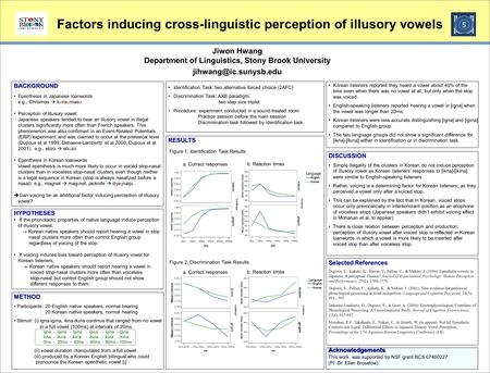 Jiwon Hwang Department of Linguistics, Stony Brook University Factors inducing cross-linguistic perception of illusory vowels BACKGROUND.