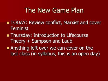 The New Game Plan TODAY: Review conflict, Marxist and cover Feminist TODAY: Review conflict, Marxist and cover Feminist Thursday: Introduction to Lifecourse.