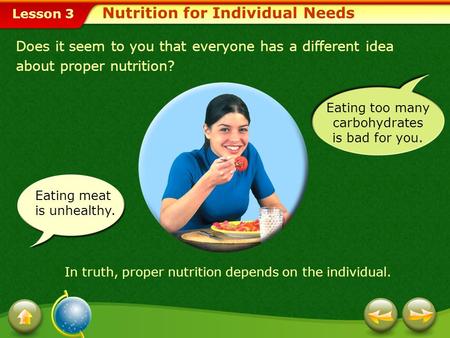 Lesson 3 Eating meat is unhealthy. Does it seem to you that everyone has a different idea about proper nutrition? Nutrition for Individual Needs In truth,