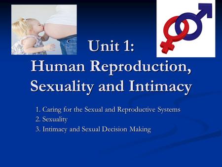 Unit 1: Human Reproduction, Sexuality and Intimacy 1. Caring for the Sexual and Reproductive Systems 2. Sexuality 3. Intimacy and Sexual Decision Making.