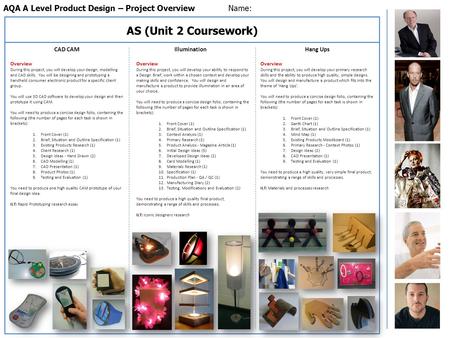 AQA A Level Product Design – Project OverviewName: AS (Unit 2 Coursework) CAD CAMIlluminationHang Ups Overview During this project, you will develop your.
