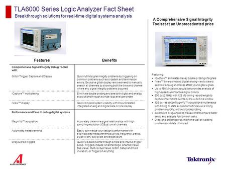 TLA6000 Series Logic Analyzer Fact Sheet Breakthrough solutions for real-time digital systems analysis Featuring:  iCapture™ eliminates messy double probing.