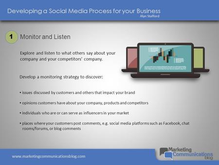 Developing a Social Media Process for your Business Alyn Stafford www.marketingcommunicationsblog.com 1 Monitor and Listen Explore and listen to what others.