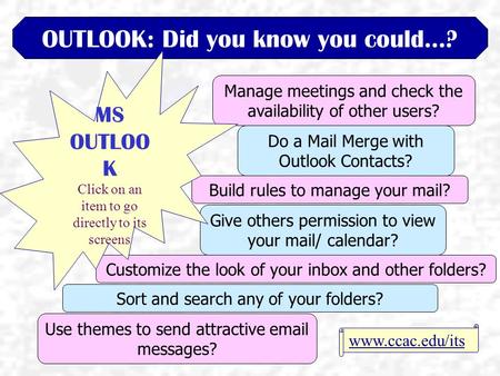 OUTLOOK: Did you know you could…? Manage meetings and check the availability of other users? Customize the look of your inbox and other folders? Do a Mail.