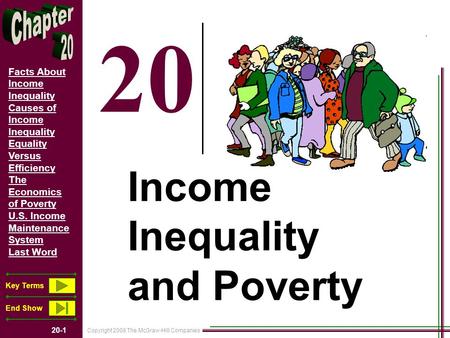 Copyright 2008 The McGraw-Hill Companies 20-1 Facts About Income Inequality Causes of Income Inequality Equality Versus Efficiency The Economics of Poverty.