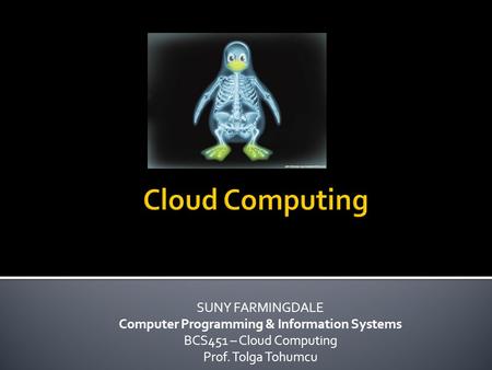 SUNY FARMINGDALE Computer Programming & Information Systems BCS451 – Cloud Computing Prof. Tolga Tohumcu.