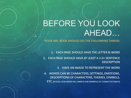 BEFORE YOU LOOK AHEAD… YOUR ABC BOOK SHOULD DO THE FOLLOWING THINGS: 1.EACH PAGE SHOULD HAVE THE LETTER & WORD 2.EACH PAGE SHOULD HAVE AT LEAST A 2-3+