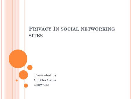 P RIVACY I N SOCIAL NETWORKING SITES Presented by Shikha Saini u3027451.