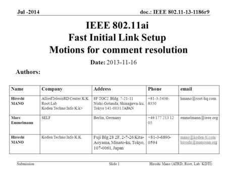 Doc.: IEEE 802.11-13-1186r9 Submission Jul -2014 Hiroshi Mano (ATRD, Root, Lab/ KDTI)Slide 1 IEEE 802.11ai Fast Initial Link Setup Motions for comment.