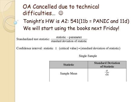 OA Cancelled due to technical difficulties… OA Cancelled due to technical difficulties… Tonight’s HW is A2: 541(11b = PANIC and 11d) We will start using.