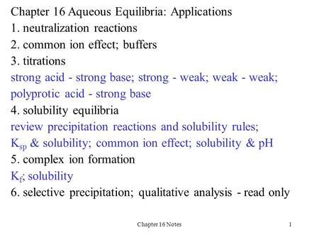 Chapter 16 Notes1 Chapter 16 Aqueous Equilibria: Applications 1. neutralization reactions 2. common ion effect; buffers 3. titrations strong acid - strong.