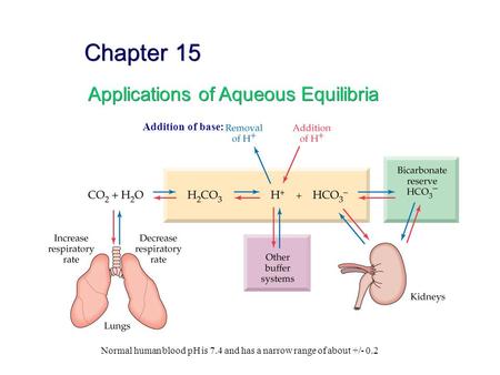 Chapter 15 Applications of Aqueous Equilibria Addition of base: Normal human blood pH is 7.4 and has a narrow range of about +/- 0.2.