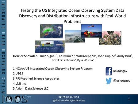 Testing the US Integrated Ocean Observing System Data Discovery and Distribution Infrastructure with Real-World Problems Derrick Snowden 1, Rich Signell.