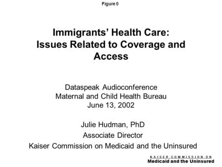 Figure 0 K A I S E R C O M M I S S I O N O N Medicaid and the Uninsured Immigrants’ Health Care: Issues Related to Coverage and Access Dataspeak Audioconference.