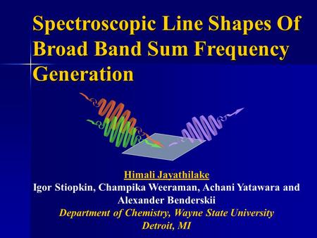 Spectroscopic Line Shapes Of Broad Band Sum Frequency Generation Himali Jayathilake Igor Stiopkin, Champika Weeraman, Achani Yatawara and Alexander Benderskii.