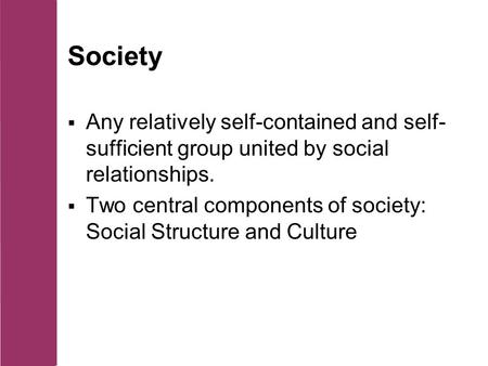 Society  Any relatively self-contained and self- sufficient group united by social relationships.  Two central components of society: Social Structure.