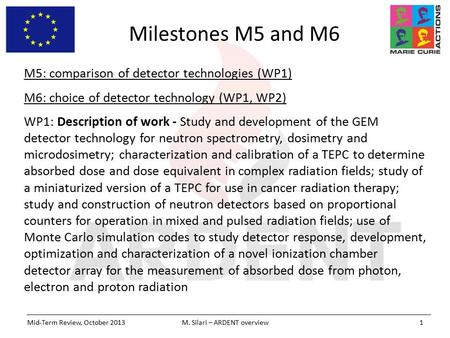 Milestones M5 and M6 Mid-Term Review, October 2013M. Silari – ARDENT overview1 M5: comparison of detector technologies (WP1) M6: choice of detector technology.