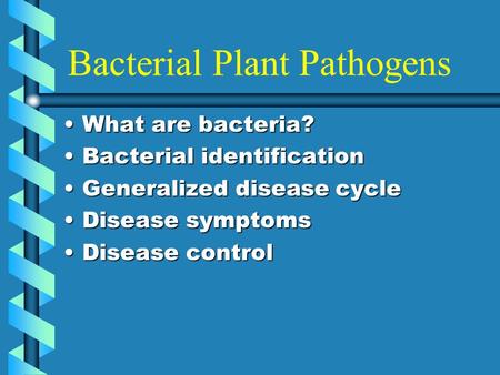 Bacterial Plant Pathogens What are bacteria?What are bacteria? Bacterial identificationBacterial identification Generalized disease cycleGeneralized disease.