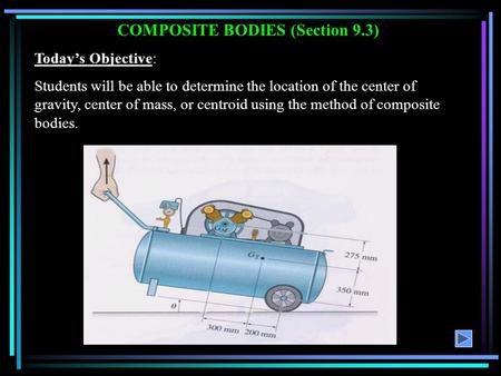COMPOSITE BODIES (Section 9.3) Today’s Objective: Students will be able to determine the location of the center of gravity, center of mass, or centroid.