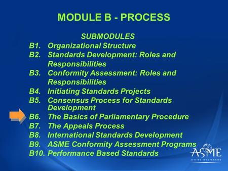 MODULE B - PROCESS SUBMODULES B1.Organizational Structure B2.Standards Development: Roles and Responsibilities B3.Conformity Assessment: Roles and Responsibilities.