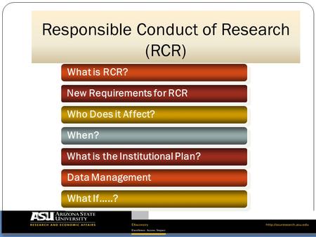 Responsible Conduct of Research (RCR) What is RCR? New Requirements for RCR Who Does it Affect? When? Data Management What is the Institutional Plan? What.