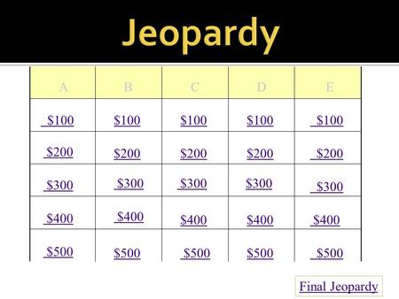A B C D E $100 $200 $300 $400 $500 $100 $200 $300 $400 $500 Final Jeopardy.