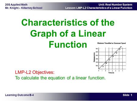20S Applied Math Mr. Knight – Killarney School Slide 1 Unit: Real Number System Lesson: LMP-L2 Characteristics of a Linear Function Characteristics of.