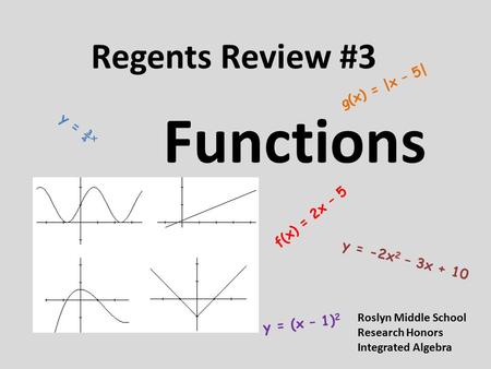 Regents Review #3 Functions f(x) = 2x – 5 y = -2x 2 – 3x + 10 g(x) = |x – 5| y = ¾ x y = (x – 1) 2 Roslyn Middle School Research Honors Integrated Algebra.