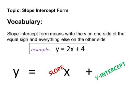 Topic: Slope Intercept Form Vocabulary: Slope intercept form means write the y on one side of the equal sign and everything else on the other side. y =