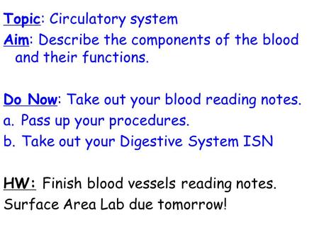 Topic: Circulatory system
