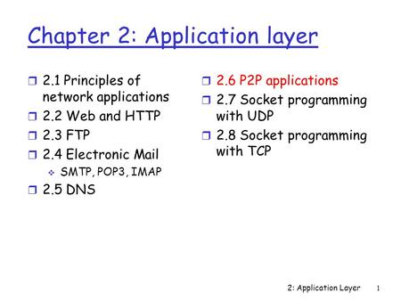 2: Application Layer1 Chapter 2: Application layer r 2.1 Principles of network applications r 2.2 Web and HTTP r 2.3 FTP r 2.4 Electronic Mail  SMTP,