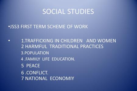 SOCIAL STUDIES JSS3 FIRST TERM SCHEME OF WORK
