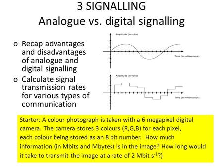 3 SIGNALLING Analogue vs. digital signalling oRecap advantages and disadvantages of analogue and digital signalling oCalculate signal transmission rates.