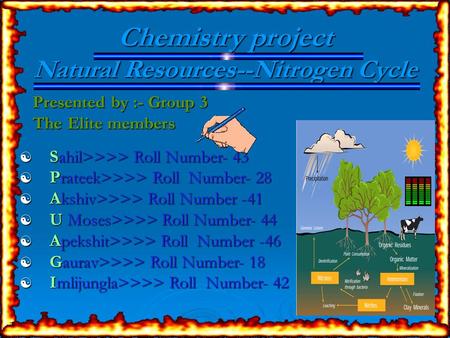 Chemistry project Natural Resources--Nitrogen Cycle Presented by :- Group 3 Presented by :- Group 3 The Elite members The Elite members  Sahil>>>> Roll.