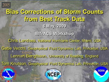 Bias Corrections of Storm Counts from Best Track Data Chris Landsea, National Hurricane Center, Miami, USA Gabe Vecchi, Geophysical Fluid Dynamics Lab,