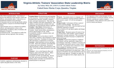 Virginia Athletic Trainers’ Association State Leadership Matrix Jay Sedory MEd, ATC, EMT-T; Certified Athletic Trainer United States Marine Corps, Quantico,