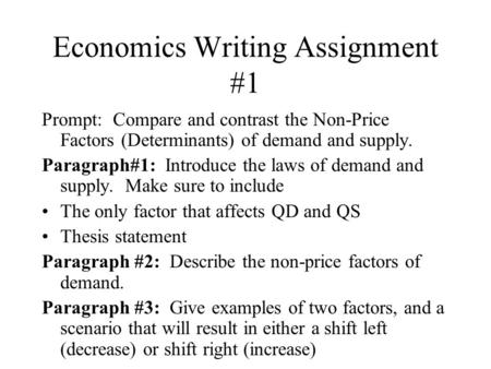 Economics Writing Assignment #1 Prompt: Compare and contrast the Non-Price Factors (Determinants) of demand and supply. Paragraph#1: Introduce the laws.