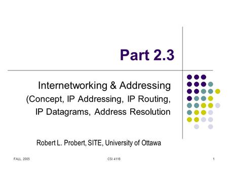 FALL, 2005CSI 41181 Part 2.3 Internetworking & Addressing (Concept, IP Addressing, IP Routing, IP Datagrams, Address Resolution Robert L. Probert, SITE,