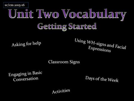 Asking for help Engaging in Basic Conversation Activities Using WH-signs and Facial Expressions Days of the Week Classroom Signs sc/cm 2015-16.