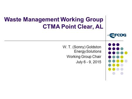 Waste Management Working Group CTMA Point Clear, AL W. T. (Sonny) Goldston EnergySolutions Working Group Chair July 6 - 9, 2015.