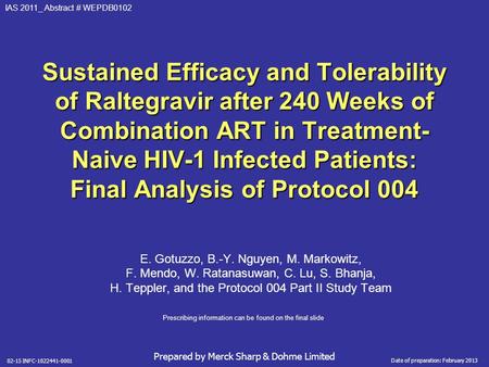 IAS 2011_ Abstract # WEPDB0102 Sustained Efficacy and Tolerability of Raltegravir after 240 Weeks of Combination ART in Treatment- Naive HIV-1 Infected.