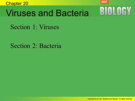 Viruses and Bacteria Section 1: Viruses Section 2: Bacteria Chapter 20