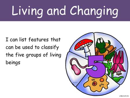 Living and Changing I can list features that can be used to classify the five groups of living beings.