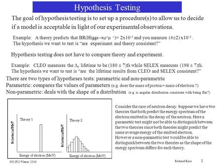 880.P20 Winter 2006 Richard Kass 1 Hypothesis Testing The goal of hypothesis testing is to set up a procedure(s) to allow us to decide if a model is acceptable.
