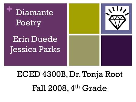 + Diamante Poetry ECED 4300B, Dr. Tonja Root Fall 2008, 4 th Grade Erin Duede Jessica Parks.